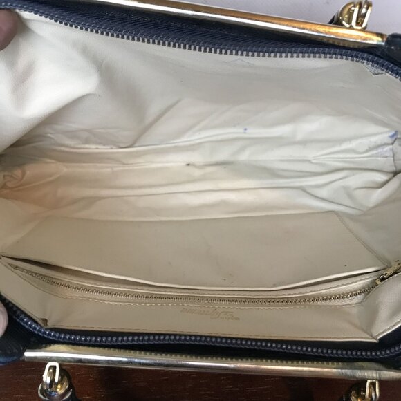 Vintage Clutch / Shoulder Envelope Bag Navy Blue & Tan Snakeskin Patchwork - Picture 5 of 10